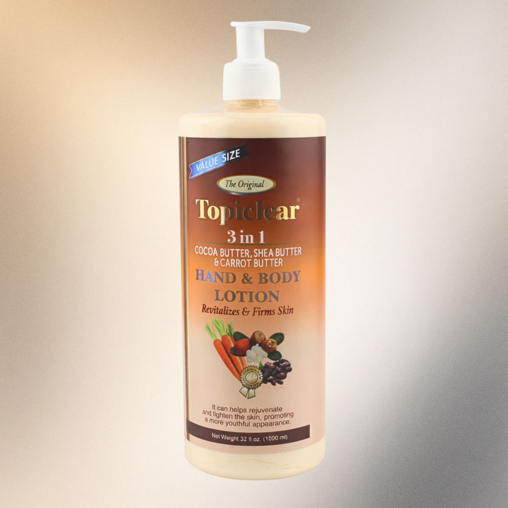 Topiclear 3-in-1 Hand & Body Lotion – Benefits  32 Oz 1100 Ml (Cocoa Butter + Shea Butter + Carrot Butter)